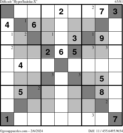 The grouppuzzles.com Difficult HyperSudoku-X puzzle for Tuesday February 6, 2024 with the first 3 steps marked