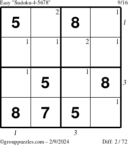The grouppuzzles.com Easy Sudoku-4-5678 puzzle for Friday February 9, 2024 with all 2 steps marked