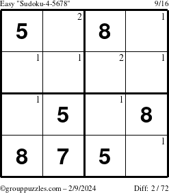 The grouppuzzles.com Easy Sudoku-4-5678 puzzle for Friday February 9, 2024 with the first 2 steps marked