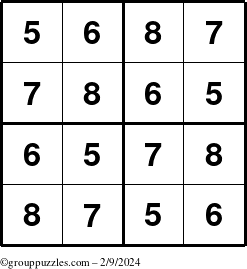 The grouppuzzles.com Answer grid for the Sudoku-4-5678 puzzle for Friday February 9, 2024