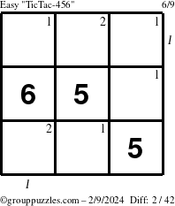 The grouppuzzles.com Easy TicTac-456 puzzle for Friday February 9, 2024 with all 2 steps marked
