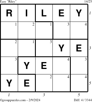 The grouppuzzles.com Easy Riley puzzle for Friday February 9, 2024 with all 4 steps marked