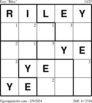 The grouppuzzles.com Easy Riley puzzle for Friday February 9, 2024 with the first 3 steps marked
