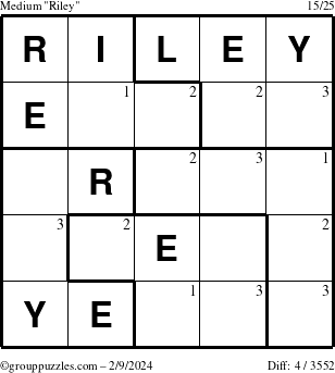 The grouppuzzles.com Medium Riley puzzle for Friday February 9, 2024 with the first 3 steps marked