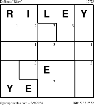 The grouppuzzles.com Difficult Riley puzzle for Friday February 9, 2024 with the first 3 steps marked