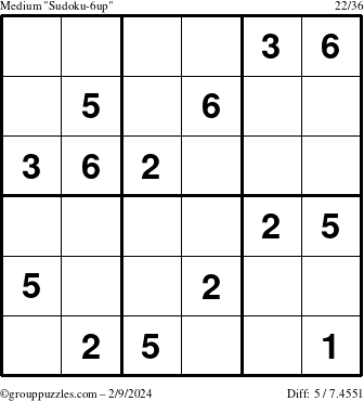 The grouppuzzles.com Medium Sudoku-6up puzzle for Friday February 9, 2024
