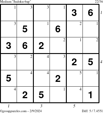 The grouppuzzles.com Medium Sudoku-6up puzzle for Friday February 9, 2024 with all 5 steps marked