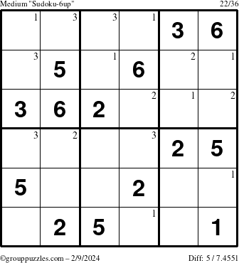 The grouppuzzles.com Medium Sudoku-6up puzzle for Friday February 9, 2024 with the first 3 steps marked