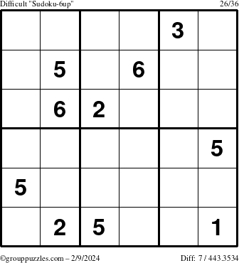 The grouppuzzles.com Difficult Sudoku-6up puzzle for Friday February 9, 2024