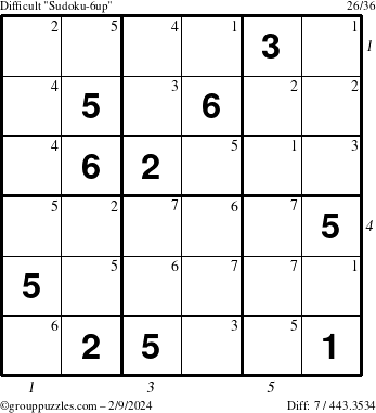 The grouppuzzles.com Difficult Sudoku-6up puzzle for Friday February 9, 2024 with all 7 steps marked