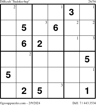 The grouppuzzles.com Difficult Sudoku-6up puzzle for Friday February 9, 2024 with the first 3 steps marked