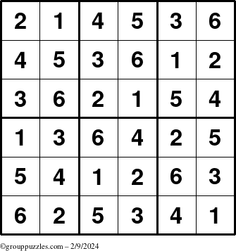 The grouppuzzles.com Answer grid for the Sudoku-6up puzzle for Friday February 9, 2024