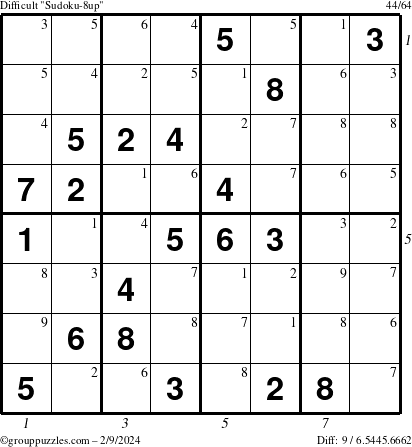 The grouppuzzles.com Difficult Sudoku-8up puzzle for Friday February 9, 2024 with all 9 steps marked