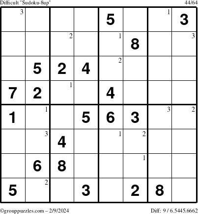 The grouppuzzles.com Difficult Sudoku-8up puzzle for Friday February 9, 2024 with the first 3 steps marked