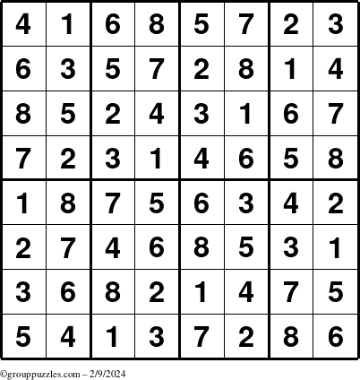 The grouppuzzles.com Answer grid for the Sudoku-8up puzzle for Friday February 9, 2024