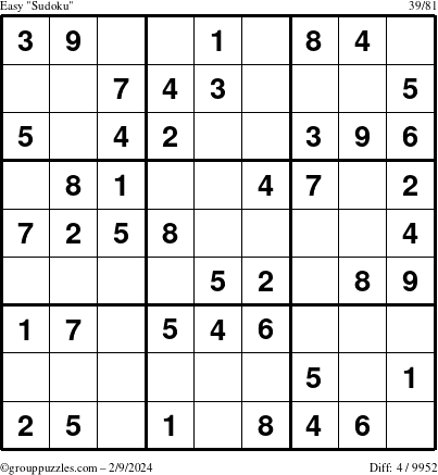 The grouppuzzles.com Easy Sudoku puzzle for Friday February 9, 2024
