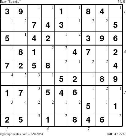 The grouppuzzles.com Easy Sudoku puzzle for Friday February 9, 2024 with all 4 steps marked