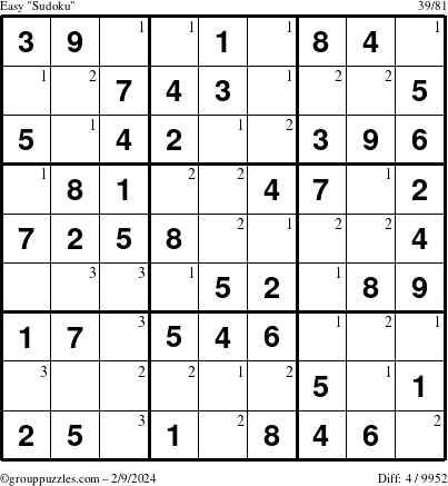 The grouppuzzles.com Easy Sudoku puzzle for Friday February 9, 2024 with the first 3 steps marked