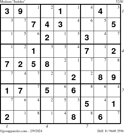 The grouppuzzles.com Medium Sudoku puzzle for Friday February 9, 2024 with all 8 steps marked