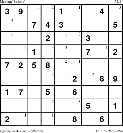 The grouppuzzles.com Medium Sudoku puzzle for Friday February 9, 2024 with the first 3 steps marked
