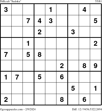 The grouppuzzles.com Difficult Sudoku puzzle for Friday February 9, 2024