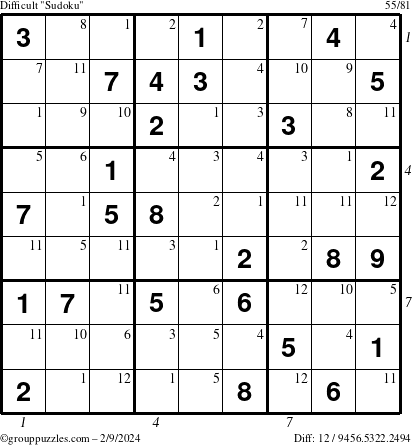 The grouppuzzles.com Difficult Sudoku puzzle for Friday February 9, 2024 with all 12 steps marked