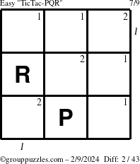 The grouppuzzles.com Easy TicTac-PQR puzzle for Friday February 9, 2024 with all 2 steps marked
