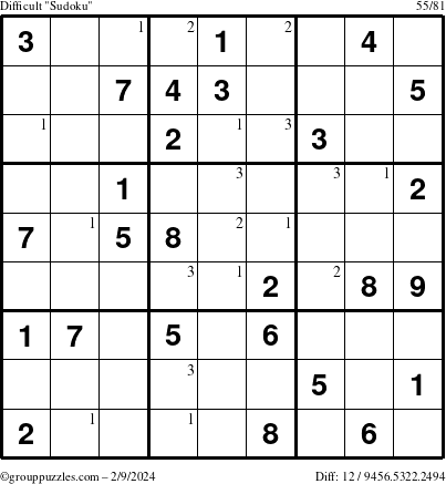 The grouppuzzles.com Difficult Sudoku puzzle for Friday February 9, 2024 with the first 3 steps marked