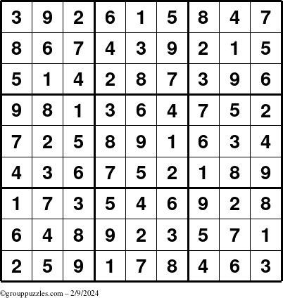 The grouppuzzles.com Answer grid for the Sudoku puzzle for Friday February 9, 2024