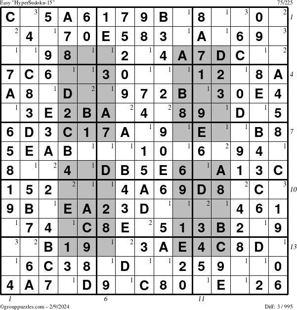 The grouppuzzles.com Easy HyperSudoku-15 puzzle for Friday February 9, 2024 with all 3 steps marked