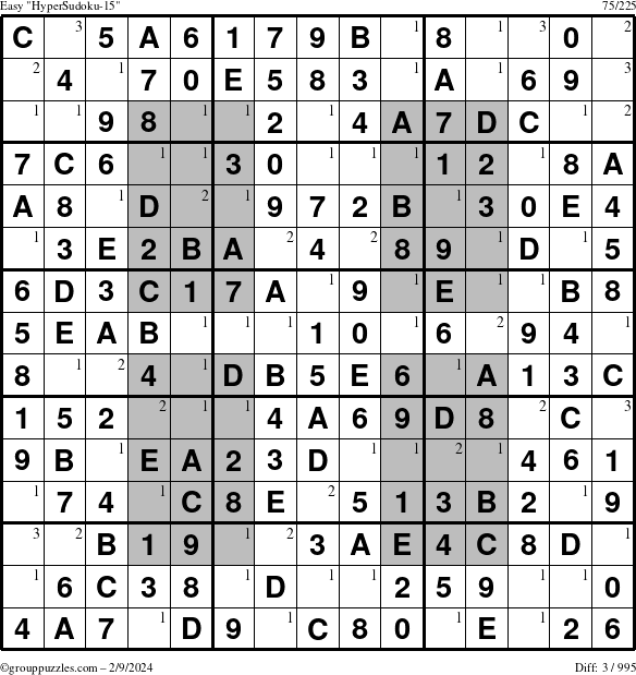 The grouppuzzles.com Easy HyperSudoku-15 puzzle for Friday February 9, 2024 with the first 3 steps marked