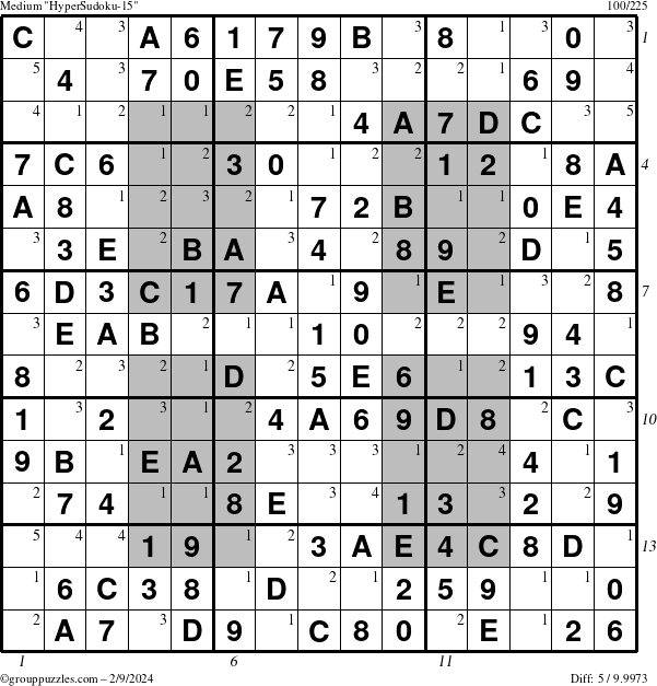 The grouppuzzles.com Medium HyperSudoku-15 puzzle for Friday February 9, 2024 with all 5 steps marked