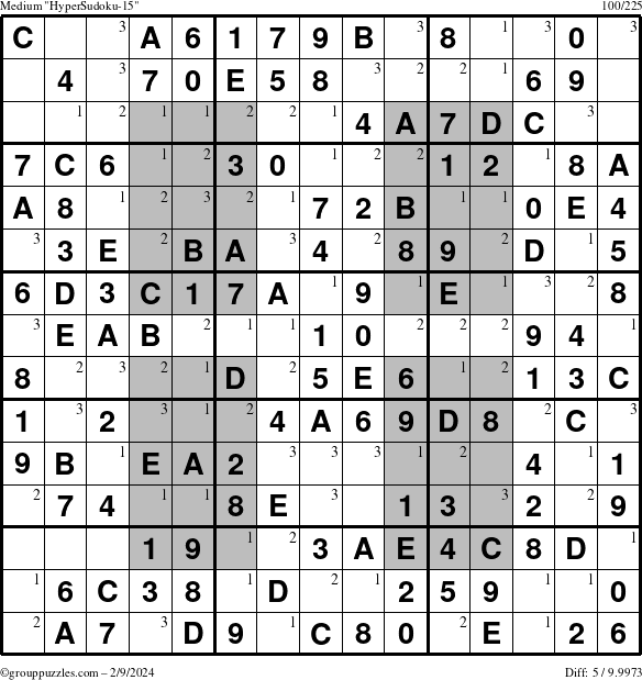 The grouppuzzles.com Medium HyperSudoku-15 puzzle for Friday February 9, 2024 with the first 3 steps marked