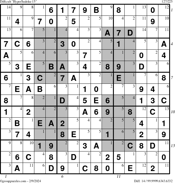 The grouppuzzles.com Difficult HyperSudoku-15 puzzle for Friday February 9, 2024 with all 14 steps marked
