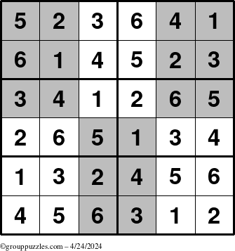 The grouppuzzles.com Answer grid for the SuperSudoku-Junior puzzle for Wednesday April 24, 2024
