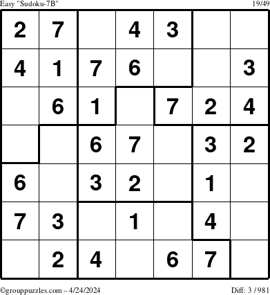 The grouppuzzles.com Easy Sudoku-7B puzzle for Wednesday April 24, 2024