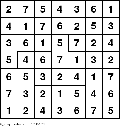 The grouppuzzles.com Answer grid for the Sudoku-7B puzzle for Wednesday April 24, 2024