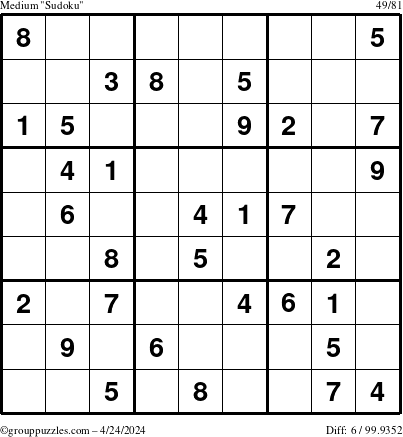 The grouppuzzles.com Medium Sudoku puzzle for Wednesday April 24, 2024