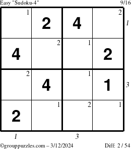 The grouppuzzles.com Easy Sudoku-4 puzzle for Tuesday March 12, 2024 with all 2 steps marked
