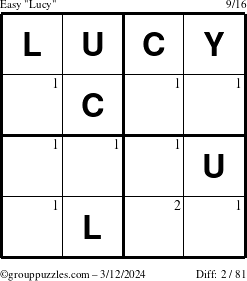 The grouppuzzles.com Easy Lucy puzzle for Tuesday March 12, 2024 with the first 2 steps marked