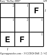 The grouppuzzles.com Easy TicTac-DEF puzzle for Tuesday March 12, 2024 with all 2 steps marked