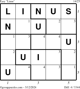 The grouppuzzles.com Easy Linus puzzle for Tuesday March 12, 2024 with all 4 steps marked
