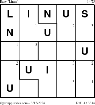 The grouppuzzles.com Easy Linus puzzle for Tuesday March 12, 2024 with the first 3 steps marked