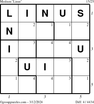 The grouppuzzles.com Medium Linus puzzle for Tuesday March 12, 2024 with all 4 steps marked