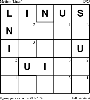 The grouppuzzles.com Medium Linus puzzle for Tuesday March 12, 2024 with the first 3 steps marked