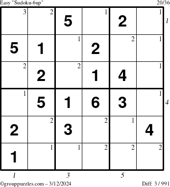 The grouppuzzles.com Easy Sudoku-6up puzzle for Tuesday March 12, 2024 with all 3 steps marked