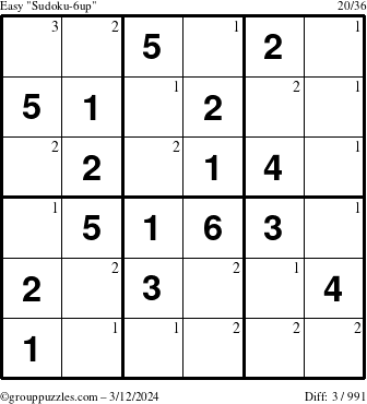 The grouppuzzles.com Easy Sudoku-6up puzzle for Tuesday March 12, 2024 with the first 3 steps marked