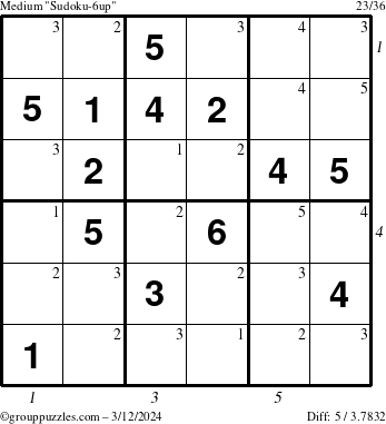 The grouppuzzles.com Medium Sudoku-6up puzzle for Tuesday March 12, 2024 with all 5 steps marked