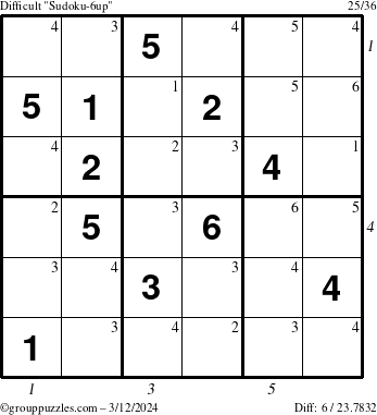 The grouppuzzles.com Difficult Sudoku-6up puzzle for Tuesday March 12, 2024 with all 6 steps marked