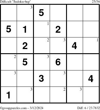 The grouppuzzles.com Difficult Sudoku-6up puzzle for Tuesday March 12, 2024 with the first 3 steps marked